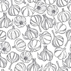 Hand drawn garlic on white background. Vector seamless pattern