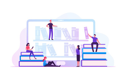 Online Library Concept. People Reading E-books and Study at School Using E-library. Tiny Characters at Huge Laptop Screen with Bookshelves with Media Books Archive. Cartoon Flat Vector Illustration