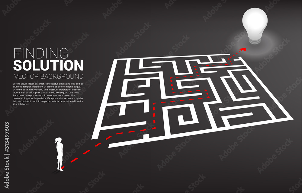 Poster Silhouette of businesswoman with route path to exit the maze to light bulb. Business concept for problem solving and finding idea.