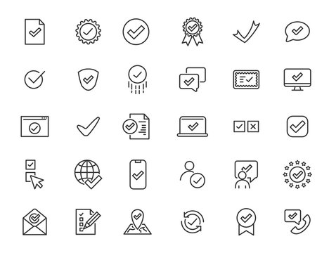 Set of linear approve icons. Check icons in simple design. Vector illustration