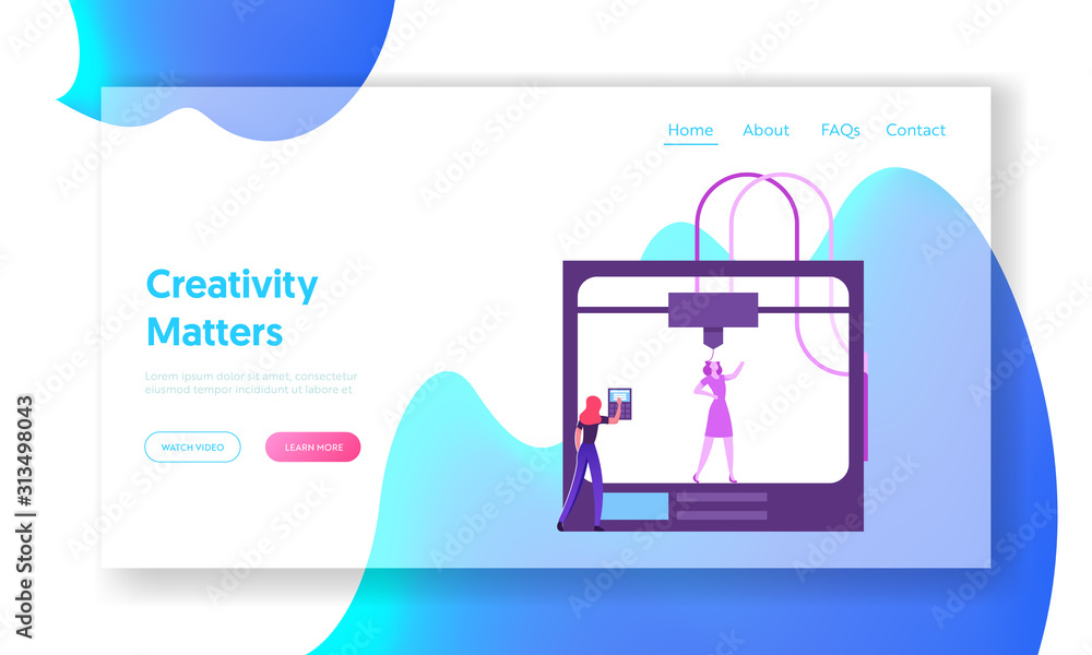Poster technology innovation website landing page. engineer control 3d printing process. automatic three di