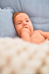 Adorable baby lying down over blanket on the sofa at home. Newborn relaxing and resting comfortable