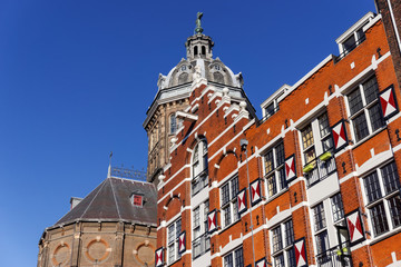 Historic buildings on the Oudezijds Kolk canal in Amsterdam, Netherlands