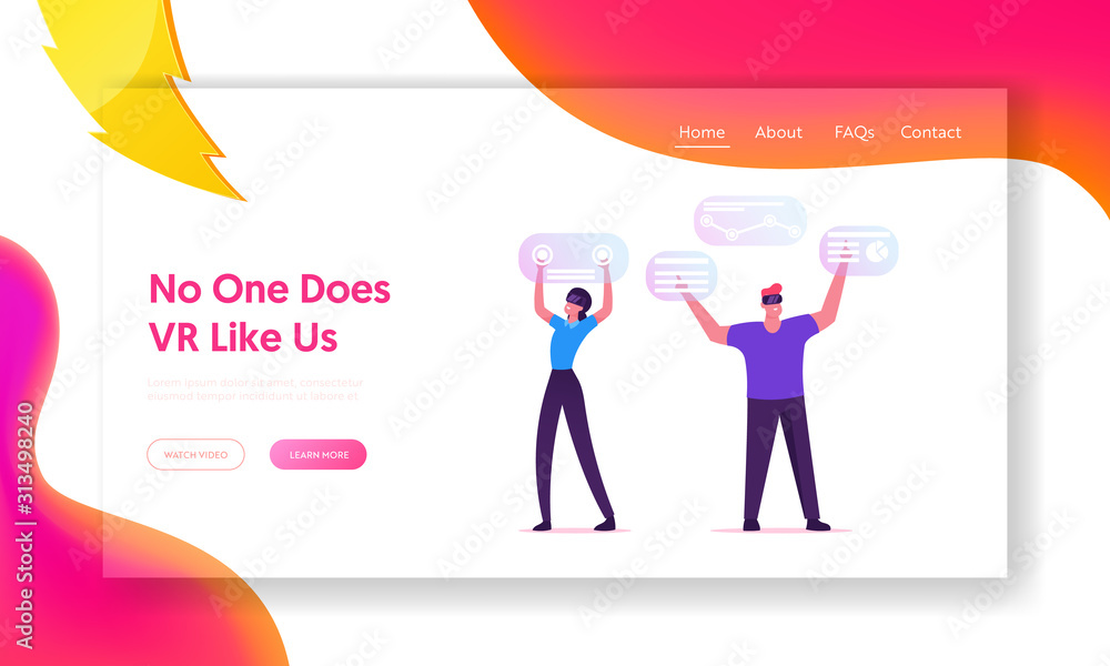 Poster virtual augmented reality website landing page. people in vr goggles touching interactive interface 
