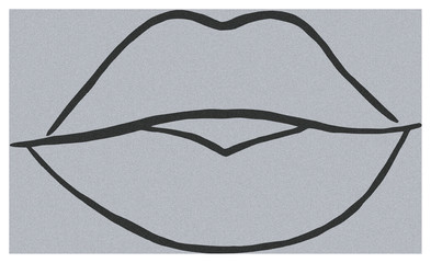 Graphic lips drawing on a gray background. Sponge texture. For print, textile, postcards, banners, printing.
