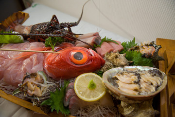 Obraz na płótnie Canvas Decorated Seafood in Tokyo, Japan. Many of Japanese people eat fish daily since Japan is an island country surrounded by the ocean.