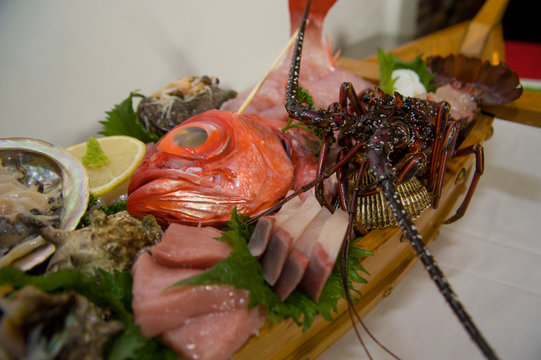 Decorated Seafood in Tokyo, Japan. Many of Japanese people eat fish daily since Japan is an island country surrounded by the ocean.