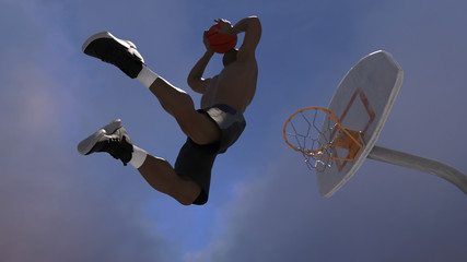Basketball player slam dunk with two hand view from bottom street ball 3d render © bekirevren