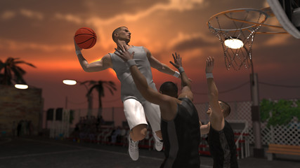 Two basketball players trying to block and defend an incoming dunk outdoor game 3d render