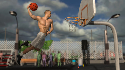 Great moment before perfect dunk in street basketball game on urban city court 3d render © bekirevren
