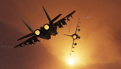Russian fighter jet aircraft chasing american jet locking and firing a missile 3d render