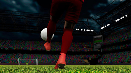 Close up view of soccer players crampon soccer shoes and ball 3d render