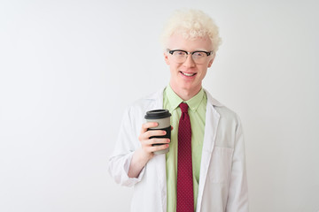 Albino scientist man wearing glasses drinking take away coffee over isolated white background with a happy face standing and smiling with a confident smile showing teeth