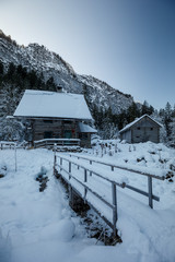 wooden house in winter forest in austria