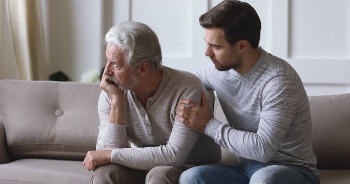 Guilty wrong young son apologizing stubborn old father say sorry