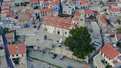 Aerial view of famous landmark tourist destination valley Pano Lefkara village in Troodos mountains, Larnaca, Cyprus.