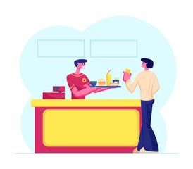 Young Man Customer Buying Fast Food Combo Set at Counter Desk with Friendly Salesman in Uniform Giving Tray with Hamburger, Fried Potato, Soda Drink, Hotdog and Coffee Cartoon Flat Vector Illustration