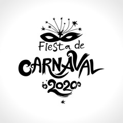 Fiesta de Carnaval. 2020. The logo in Spanish is translated as: Carnival party. 2019. Hand drawn vector template with Masquerade Mask.