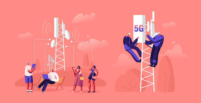 5g Technology Concept. Workers on Transmitter Tower Set Up High-speed Mobile Internet, City Dwellers Using New Generation Networks for Communication and Gadgets. Cartoon Flat Vector Illustration