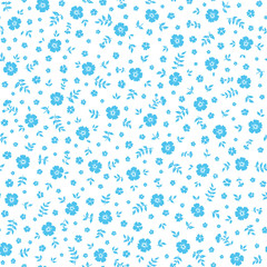 Seamless ditsy floral pattern in vector. Small blue flowers on a white background.	