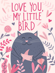 Valentine's Day card with cute cartoon cat, flowers, bird and  freestyle hand drawn lettering 