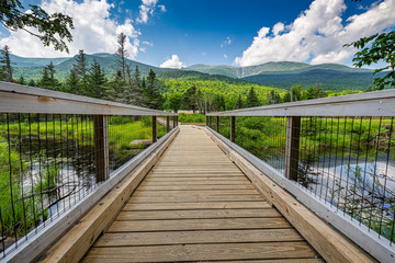 Fototapeta na wymiar Wooden walking path for hiking in the wilderness in front of Mount Washington in New Hampshire