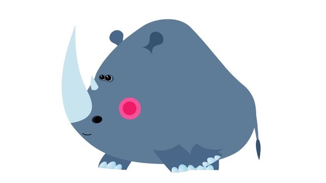 Cartoon rhinoceros flat design children animation walking cycle. Alpha channel included. Cute 2d hand made African grey-violet animal character animation good for any use. 