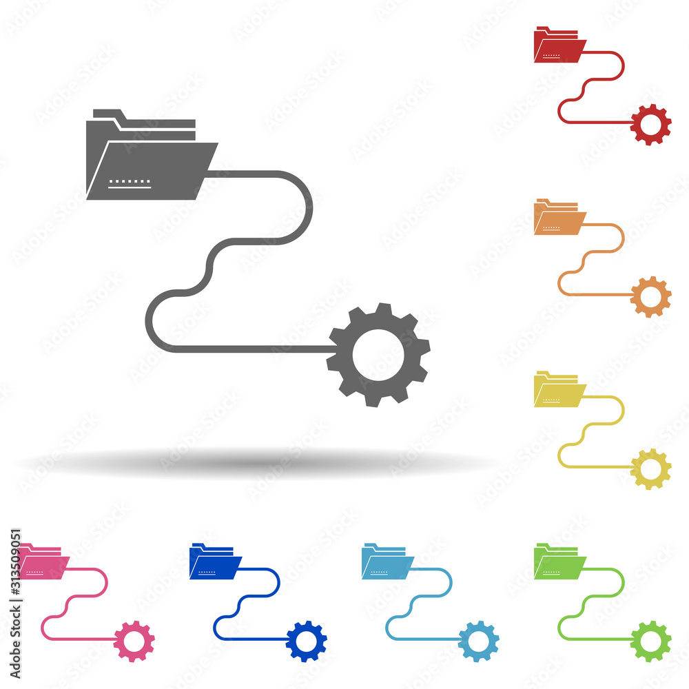 Poster folder, connection, gear, processing of customer orders in multi color style icon. simple glyph, fla