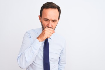 Middle age businessman wearing elegant tie standing over isolated white background feeling unwell and coughing as symptom for cold or bronchitis. Healthcare concept.