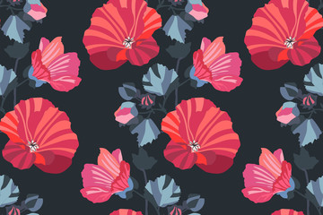Art floral vector seamless pattern. Garden mallow red, pink, maroon, burgundy, orange flowers with navy blue branches and leaves isolated on dark background. For wallpaper, fabric, textile, paper.
