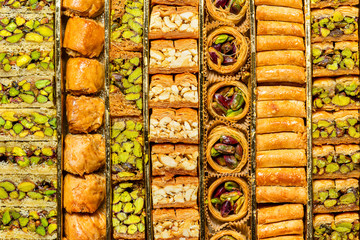 Oriental sweets in the box. Baklava with pistachios
