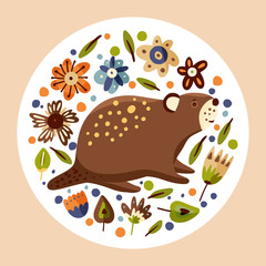 Cartoon cute beaver forest vector animal card in a flat scandinavian style. Woodland hand drawing funny nature round vintage illustration.