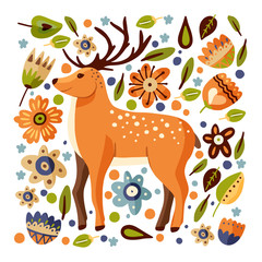 Ornate vector card with cute cartoon deer in a flat scandinavian style. Forest floral square postcard with fawn animal.