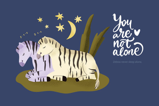 Happy valentine day vector textured animal card in a flat style with quote and real facts about zebras love. Zebra horse couple sleeping together. You are not alone.