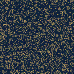 Luxury gold Cute vector leaf seamless vector pattern. Abstract print with leaves. Elegant beautiful nature ornament for fabric, wrapping and textile. gold and dark blue color doodle leaf pattern