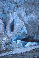Fototapeta na wymiar Tourist at the Face of Reid Glacier, Glacier Bay, Alaska