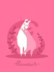 Valentine followed by banner and poster. Llama in love with heart and many details.