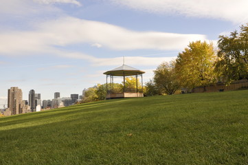 gazebo in the park with view of city