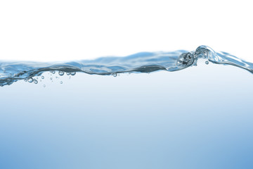 Water splash. Aqua flowing in waves and creating bubbles. Drops on the water surface feel fresh and clean. isolated on white background.