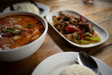 Set of simple thai spicy meal for lunch.