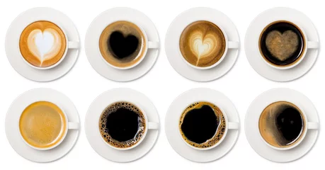 Papier Peint photo Café collection de vue de dessus d& 39 assortiment de tasses à café, assortiment de tasses à café avec collection de vue de dessus de signe de coeur isolée sur fond blanc.
