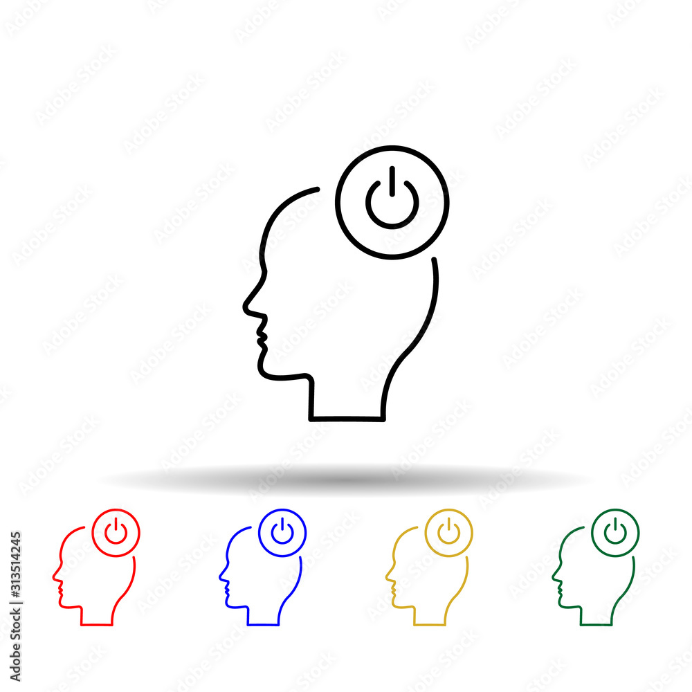 Poster turn on, head, power multi color style icon. simple thin line, outline vector of creative thinking i