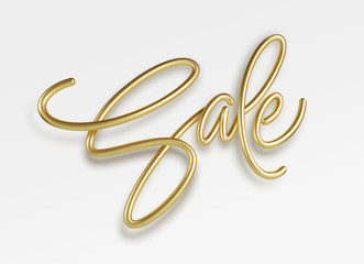 Realistic golden inscription sale on a white background. Sale banner design. Lettering for banner design. Shopping promotion illustration. Vector illustration