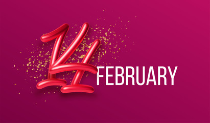 February 14 Golden realistic 3d lettering. Valentines Day banner design. Vector holiday illustration