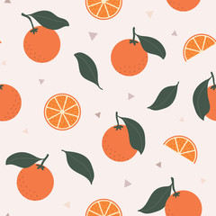 Seamless vector pattern with oranges with leaves and orange wedges in orange and dark green on a neutral background. Cute botanical illustration great for digital scrapbooking, stationery, packaging.