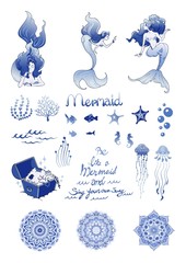 Mermaid and Mandala design with Porcelain light blue concept doodle illustrator sticker vector set 