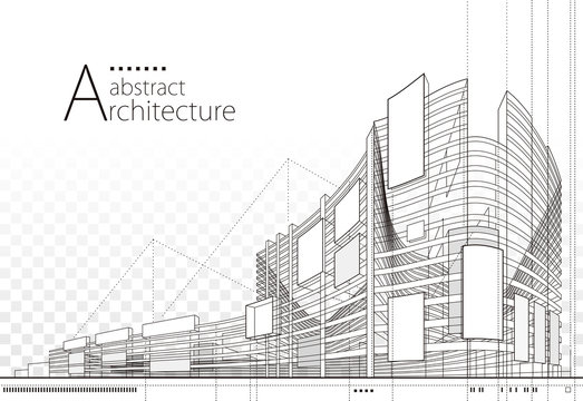 3D Illustration Architecture Building Construction Perspective Design,abstract Modern Urban Building Line Drawing.