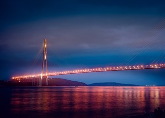Fototapeta na wymiar Night landscape with a view of the Russian bridge in the illumination.