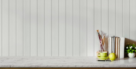 Close-up view of modern stylish workplace with office supplies and copy space on marble table and...