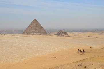 Tourists riding camel exploring the Giza Plateau with the Pyramids around.